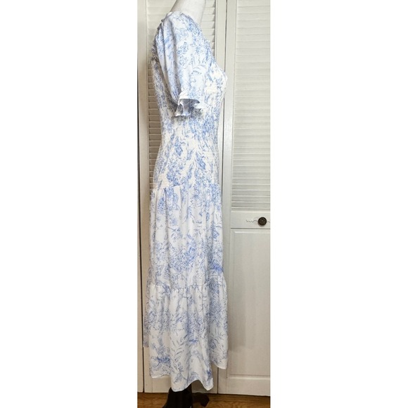 Blue Toile Smocked Maxi Dress Size S Prarie Cottagecore Soft Girl Wedding Guest‎ - Picture 12 of 14